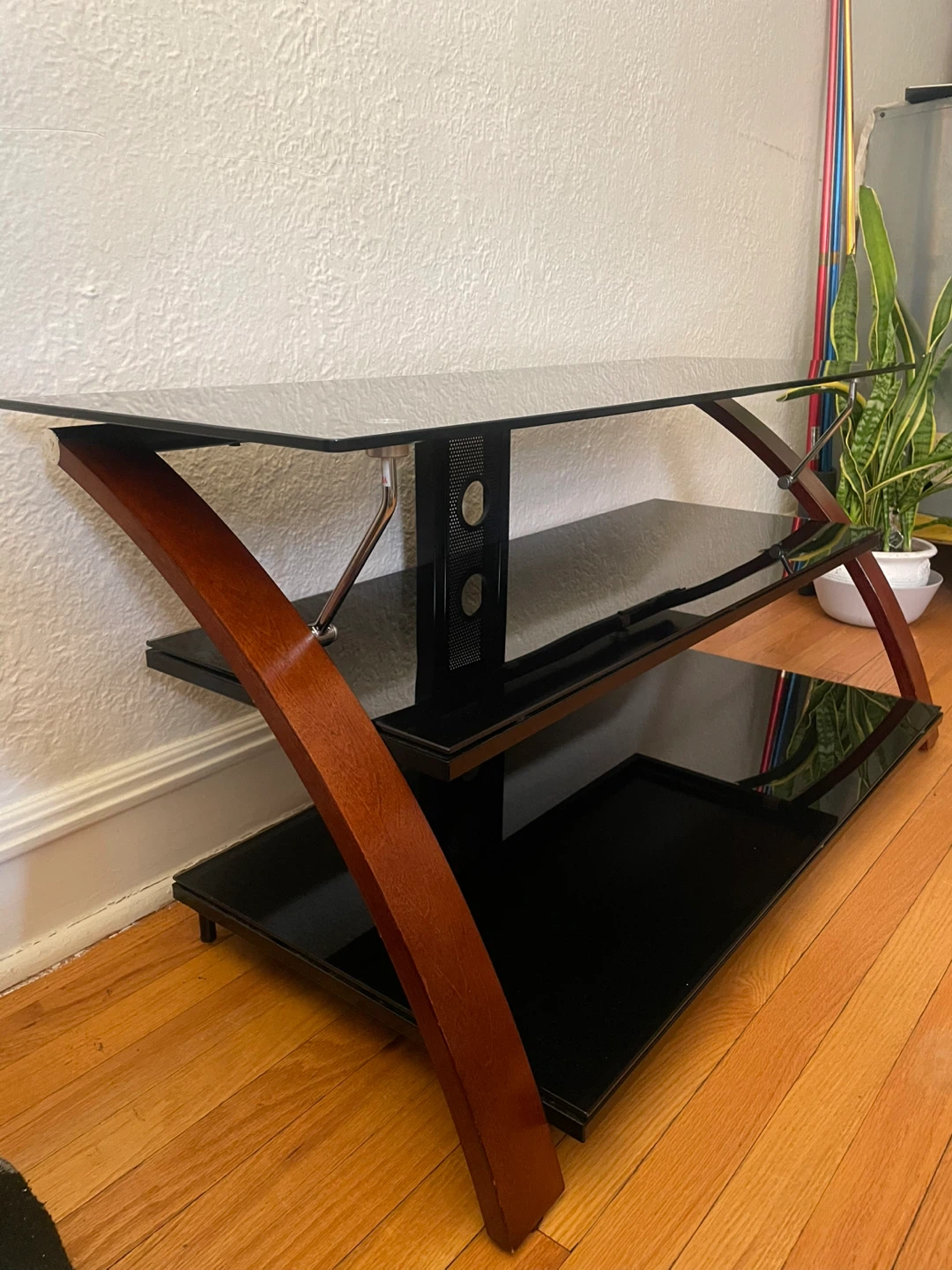 3-Tier Black Glass TV Stand with Wood Accents - photo 3