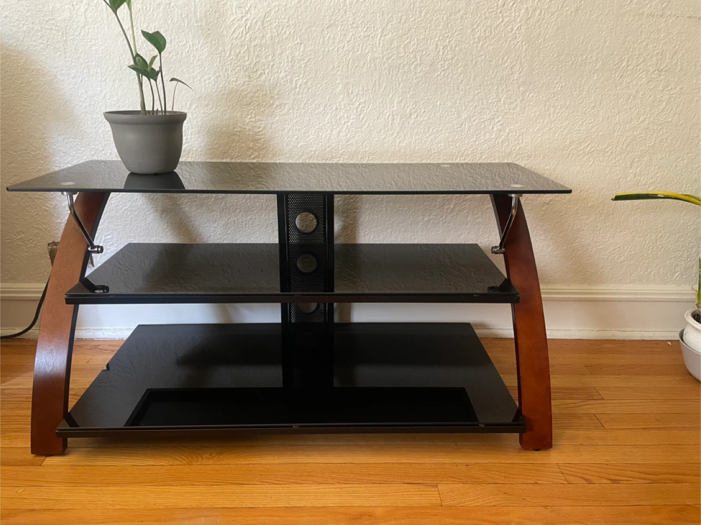 3-Tier Black Glass TV Stand with Wood Accents