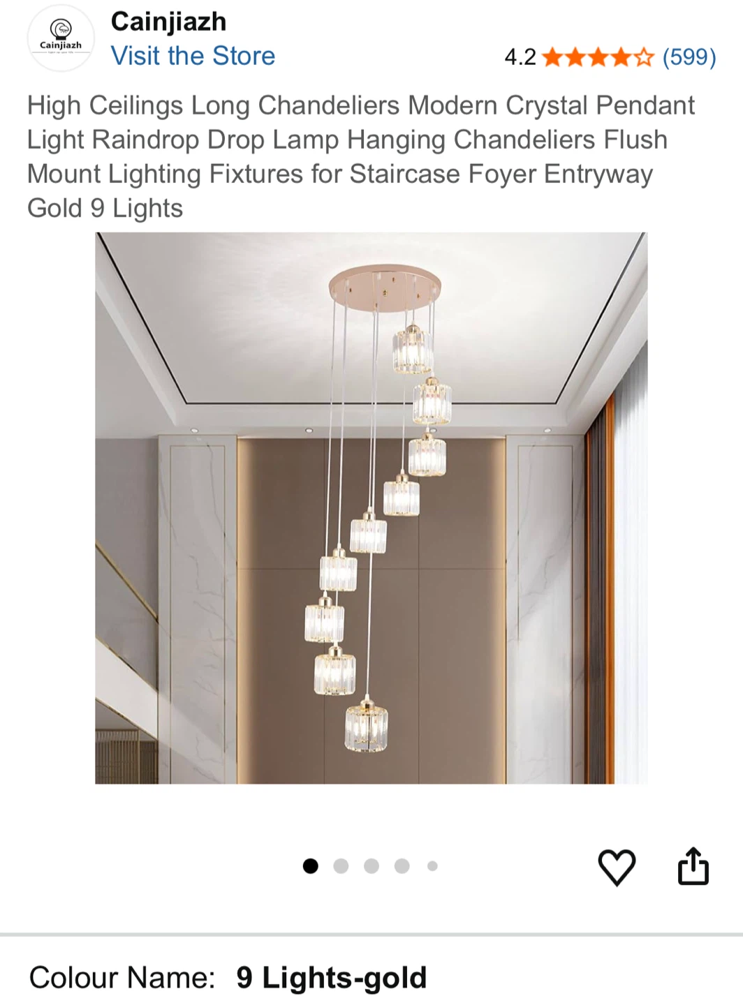 Cainjiazh Modern Crystal Chandelier Pendant Light Gold 9 Lights