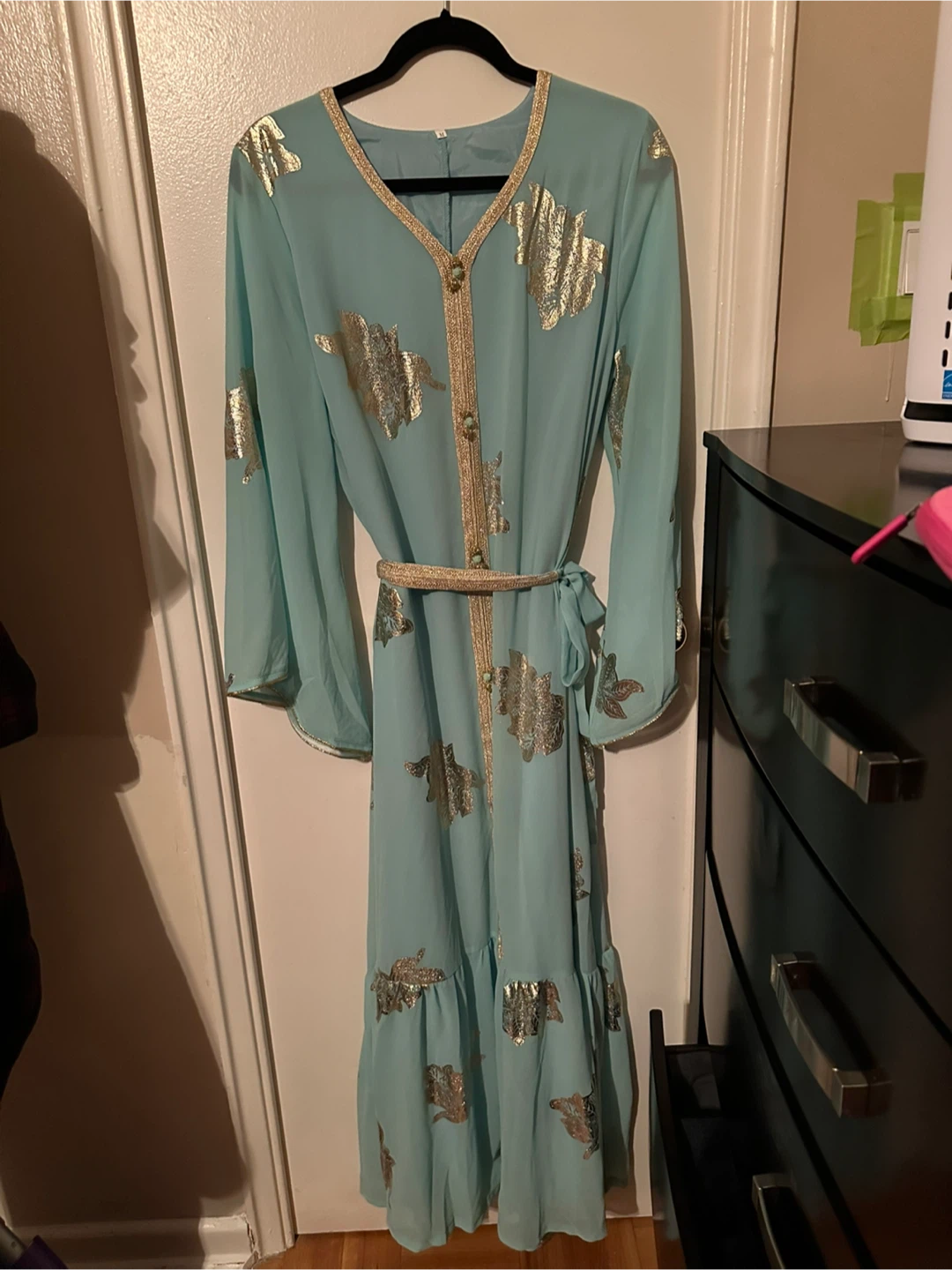 Light Blue Kaftan with Gold Leaf Pattern