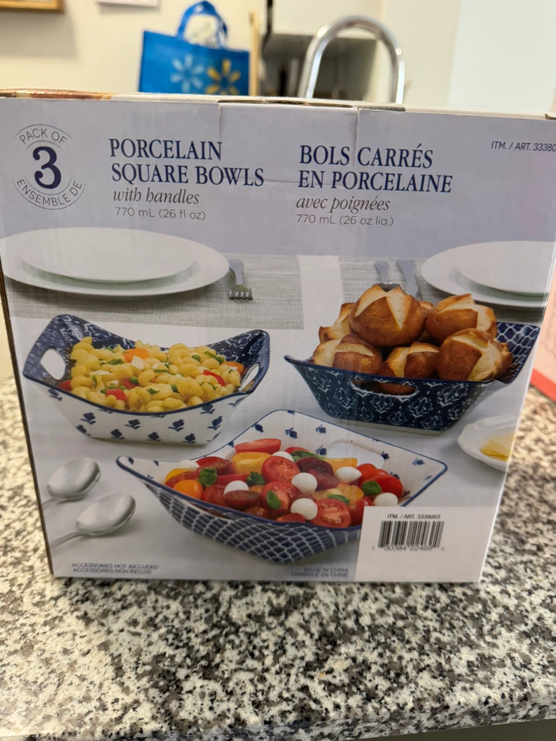 Pack of 3 Porcelain Square Bowls with Handles