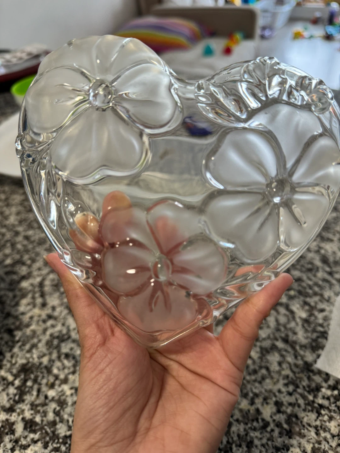 Heart Shaped Glass Dish with Floral Etching