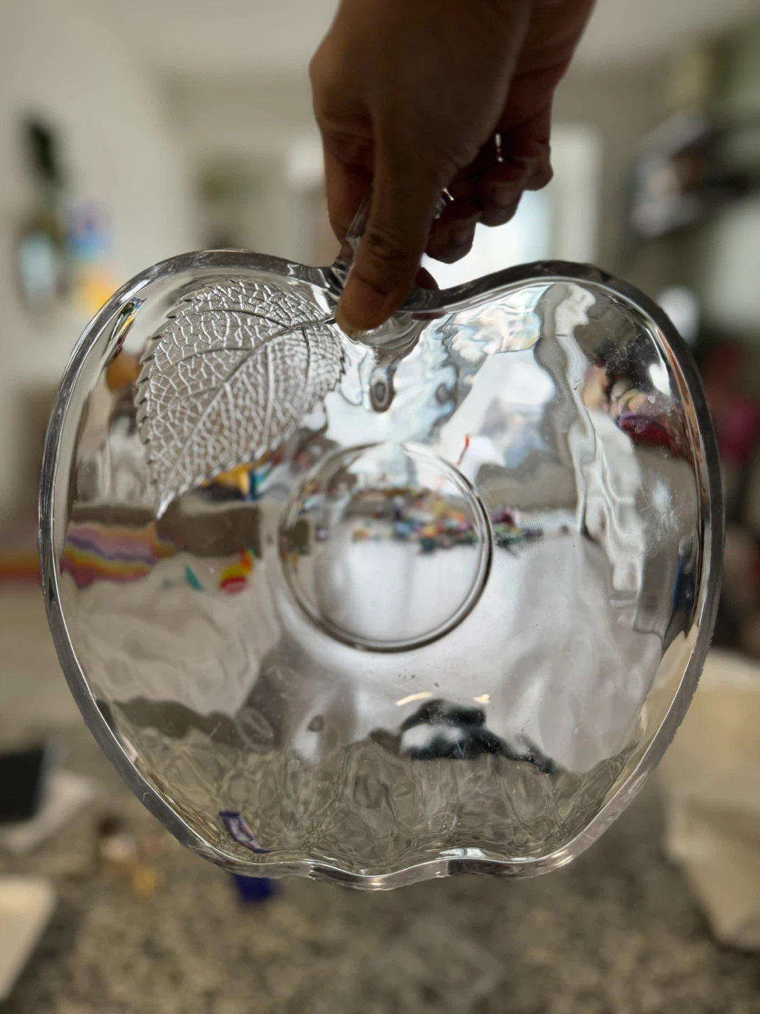 Clear Glass Apple Bowl with Leaf Detail - photo 2