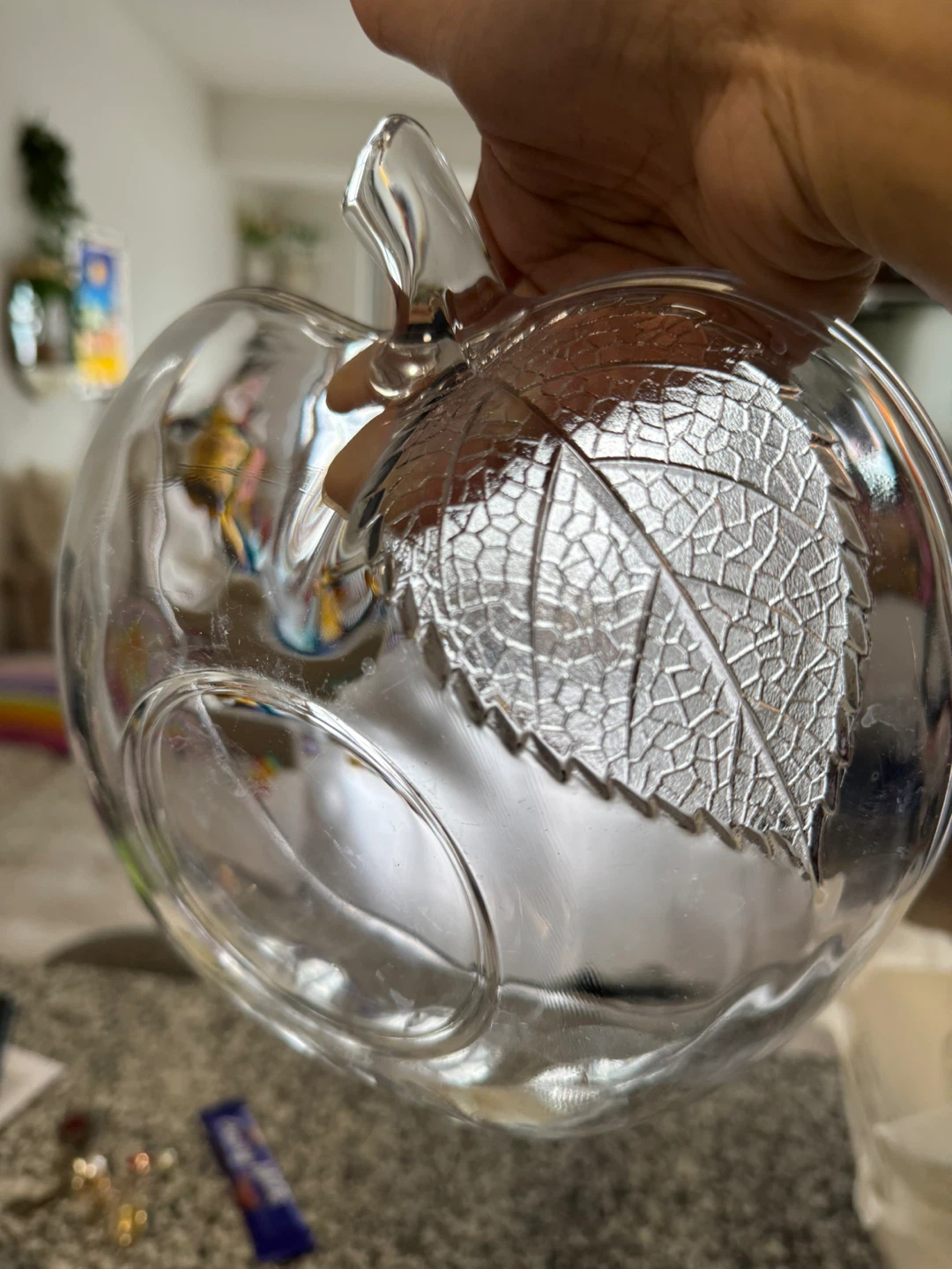 Clear Glass Apple Bowl with Leaf Detail