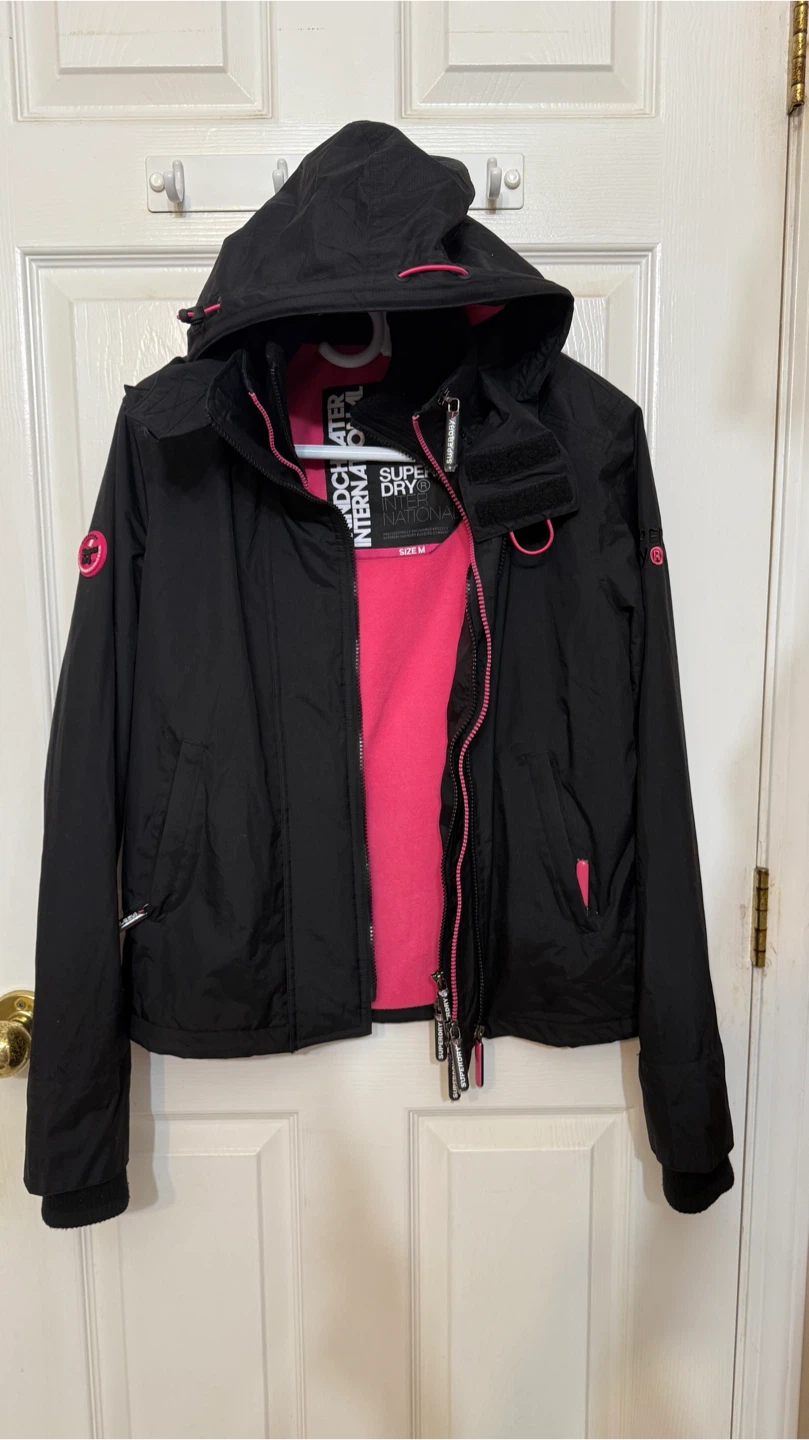 Superdry International Black Pink Lined Hooded Jacket Size M