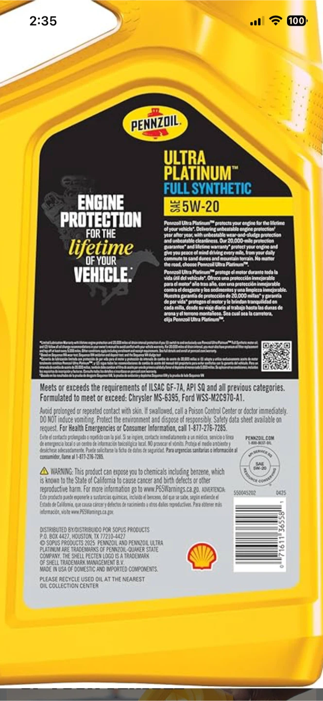 🥕 Pennzoil Ultra Platinum Full Synthetic 5W-20 Motor Oil - photo 3