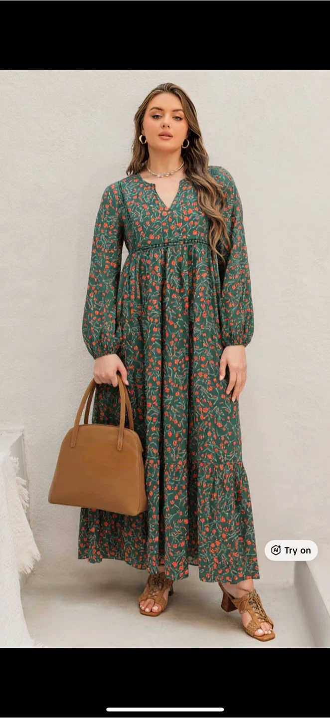 Green Floral Maxi Dress with Long Sleeves