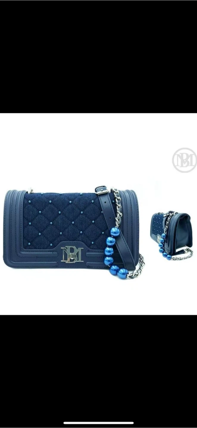 Denim Quilted Shoulder Bag with Pearl Strap