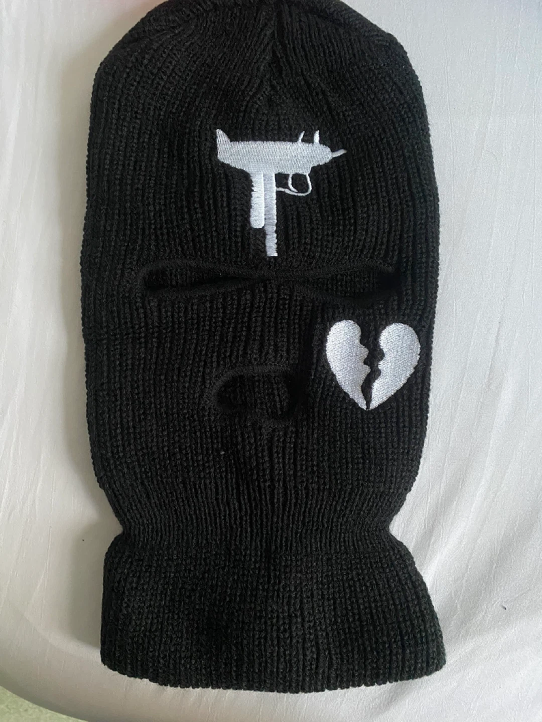 Black Ski Mask Balaclava with Embroidered Gun and Broken Heart