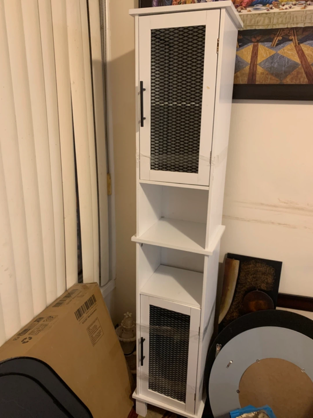 Tall White Storage bathroom cabinet Cabinet with Mesh Doors