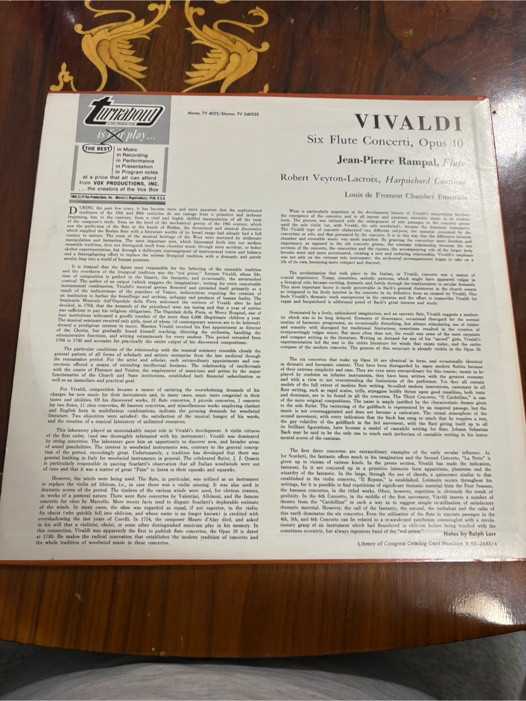 Vivaldi Six Flute Concerti, Opus 10 Vinyl Record - photo 2
