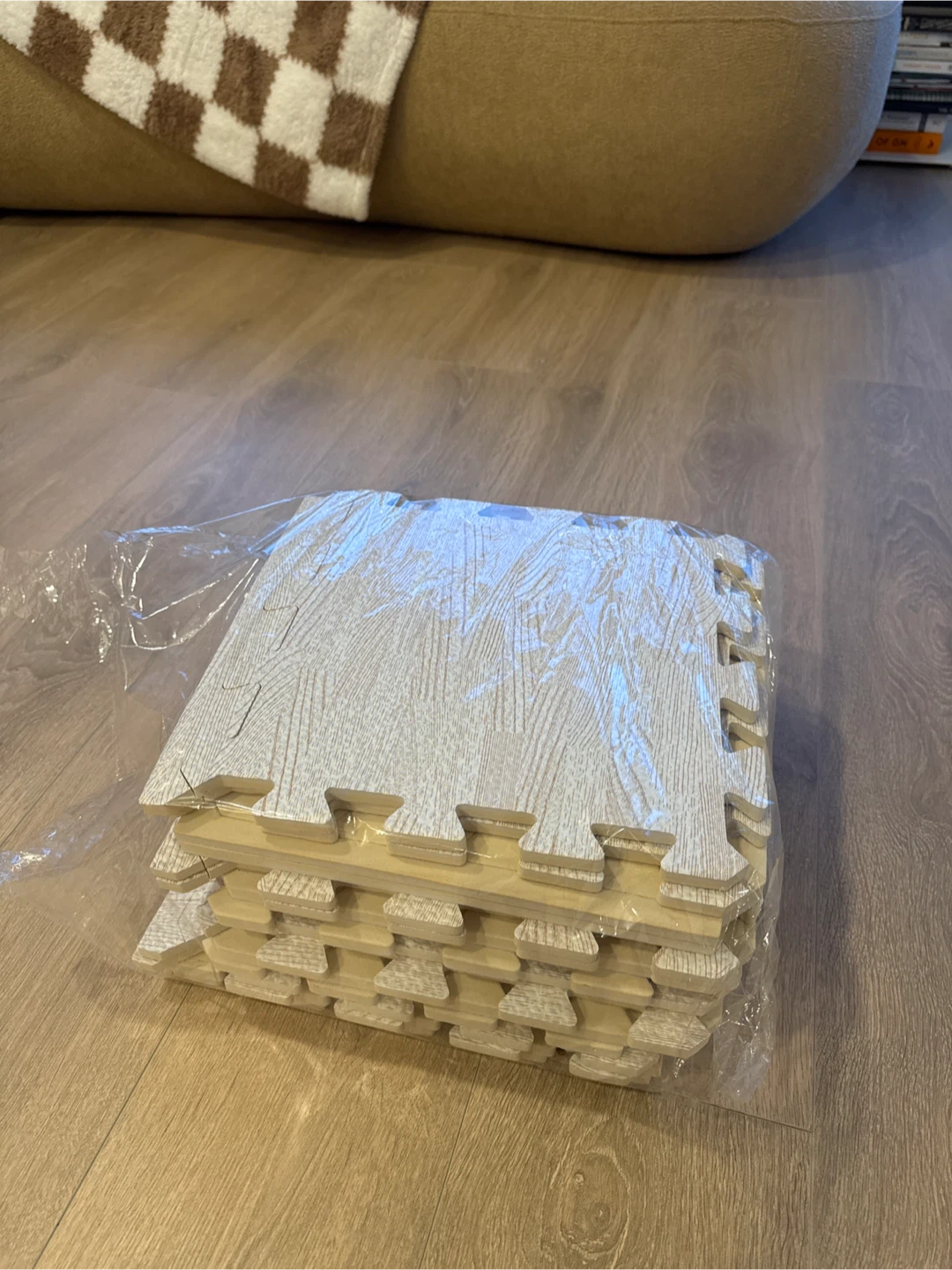Interlocking Foam Floor Mats with Light Wood Grain Design