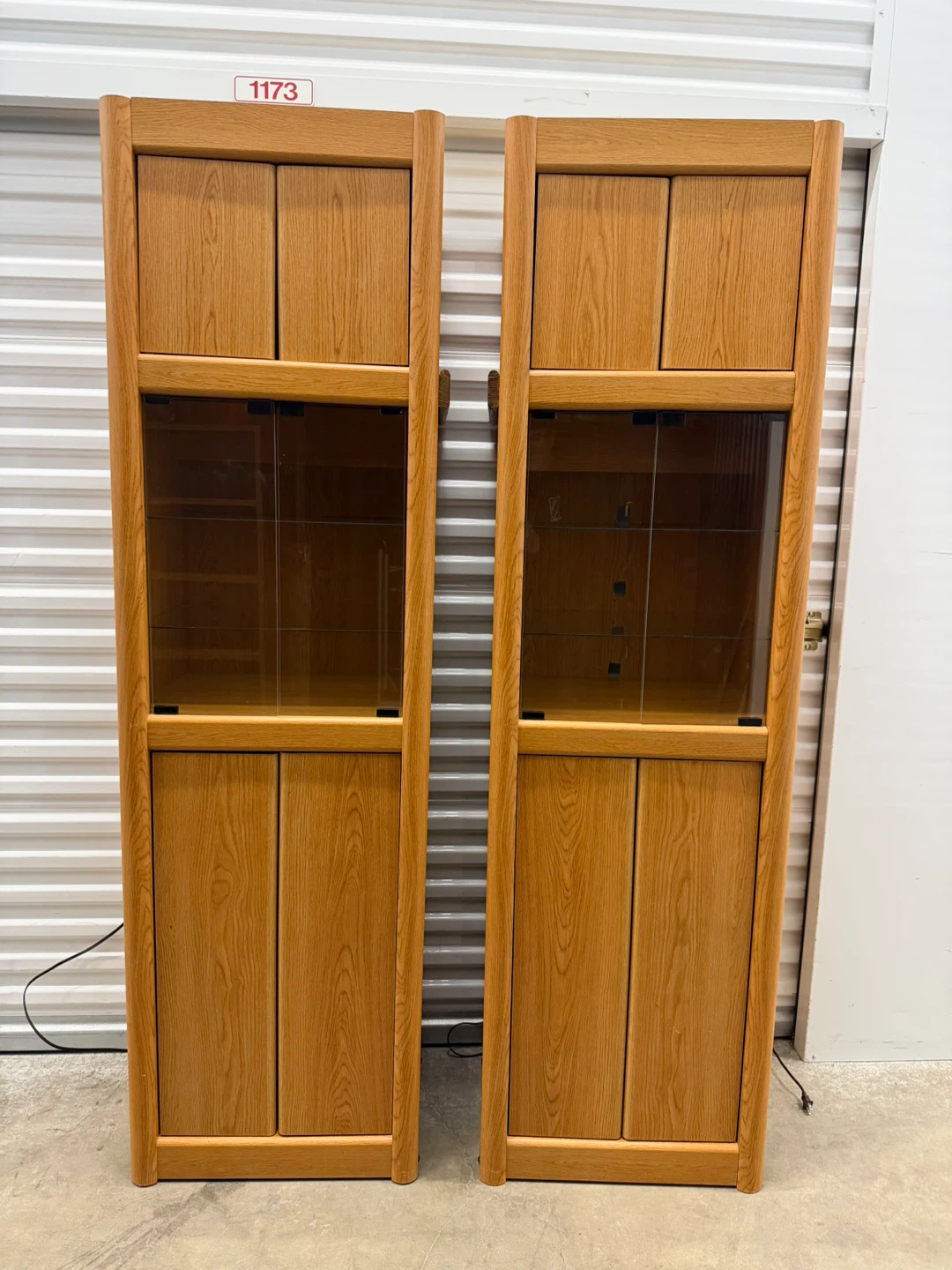 Oak Wood Display Cabinets with Glass Doors (Set of 2)