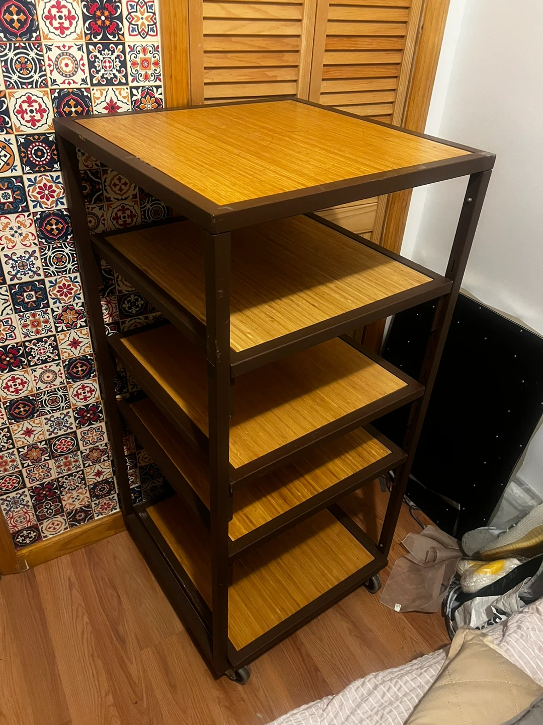 5-Tier Metal and Bamboo Shelf Unit with Wheels