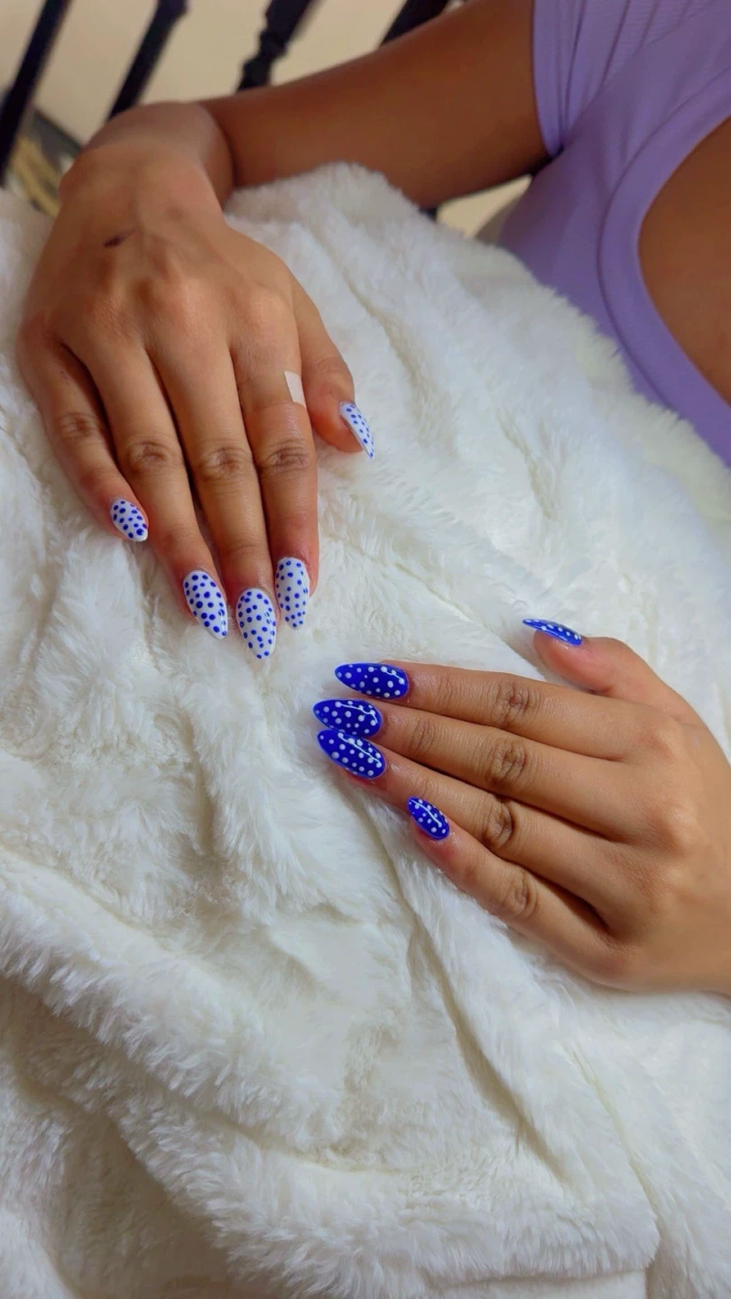 Custom Nail Set - Blue & White Polka Dot and French Tip Designs - photo 3