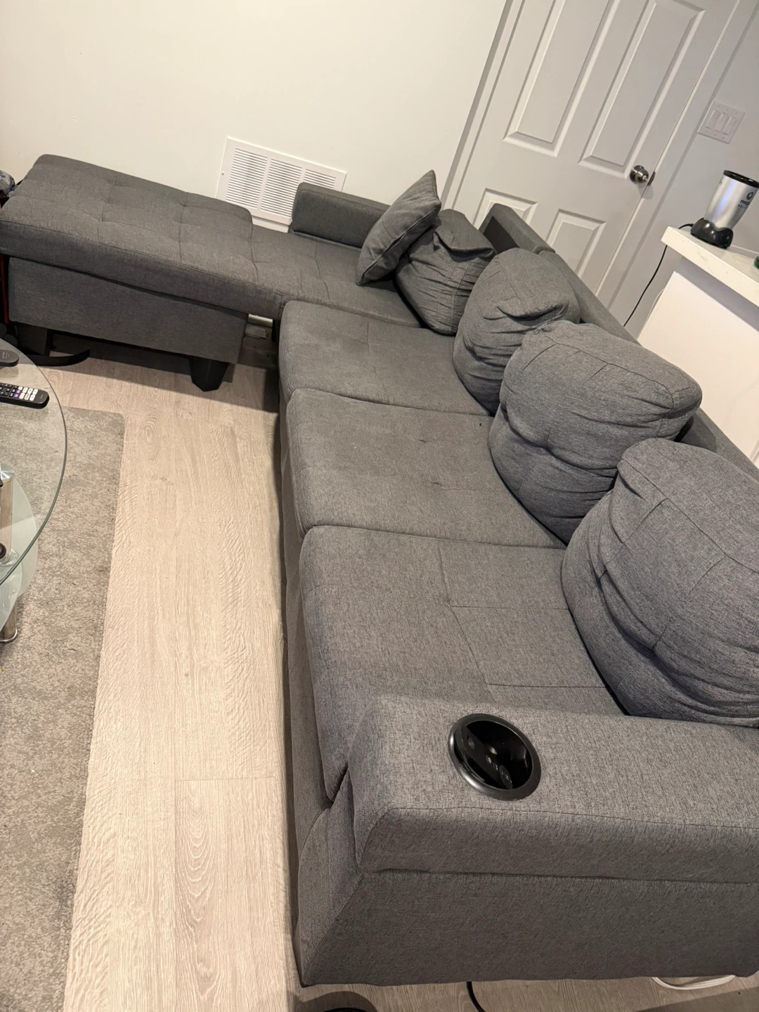 Grey Sectional Sofa with Chaise and Cup Holder