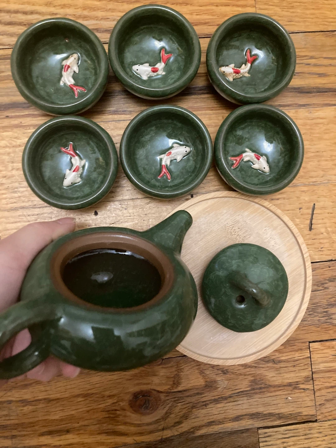 Green Ceramic Teapot and Cups Set with Koi Fish Design - photo 4