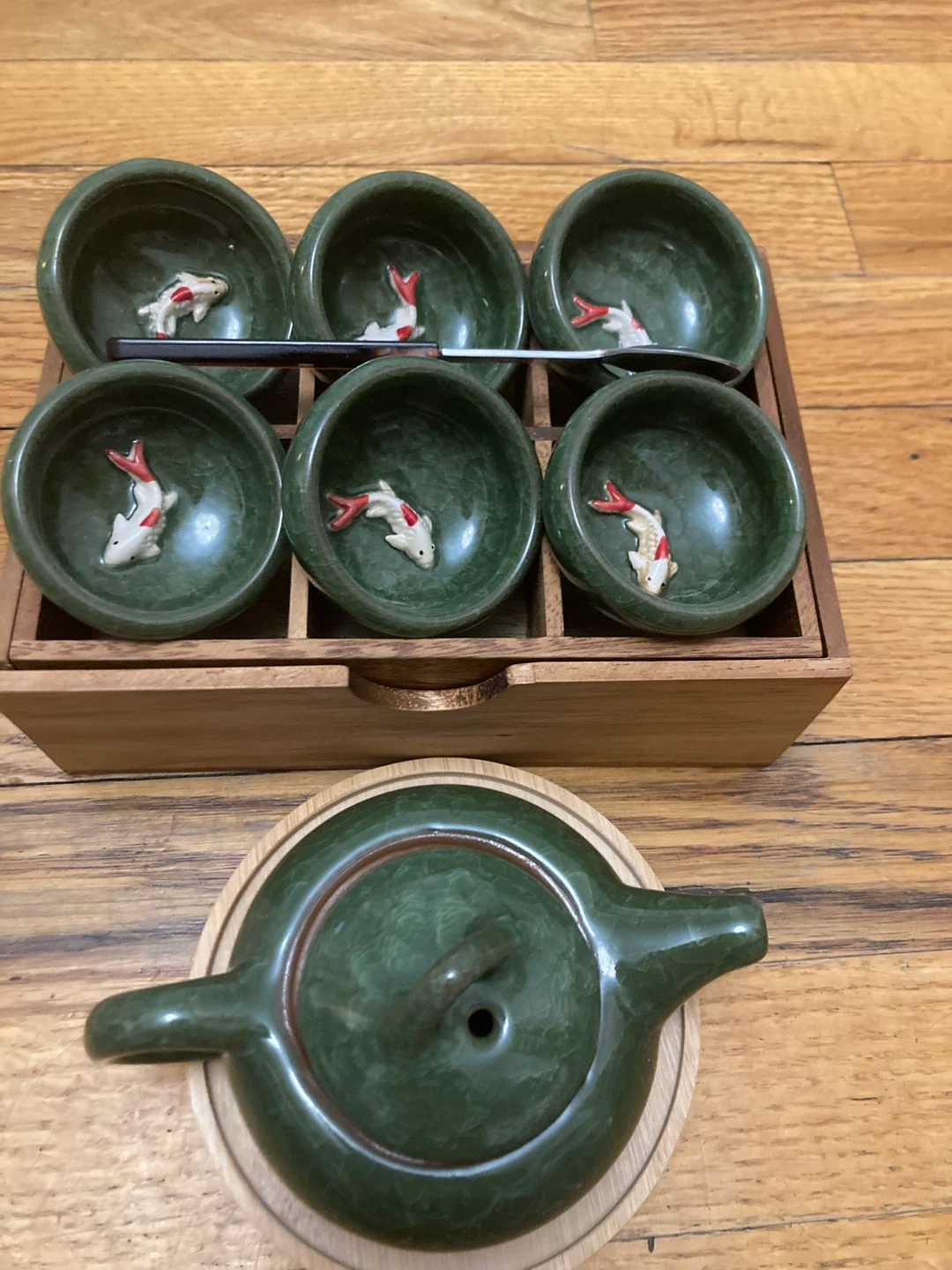 Green Ceramic Teapot and Cups Set with Koi Fish Design - photo 2
