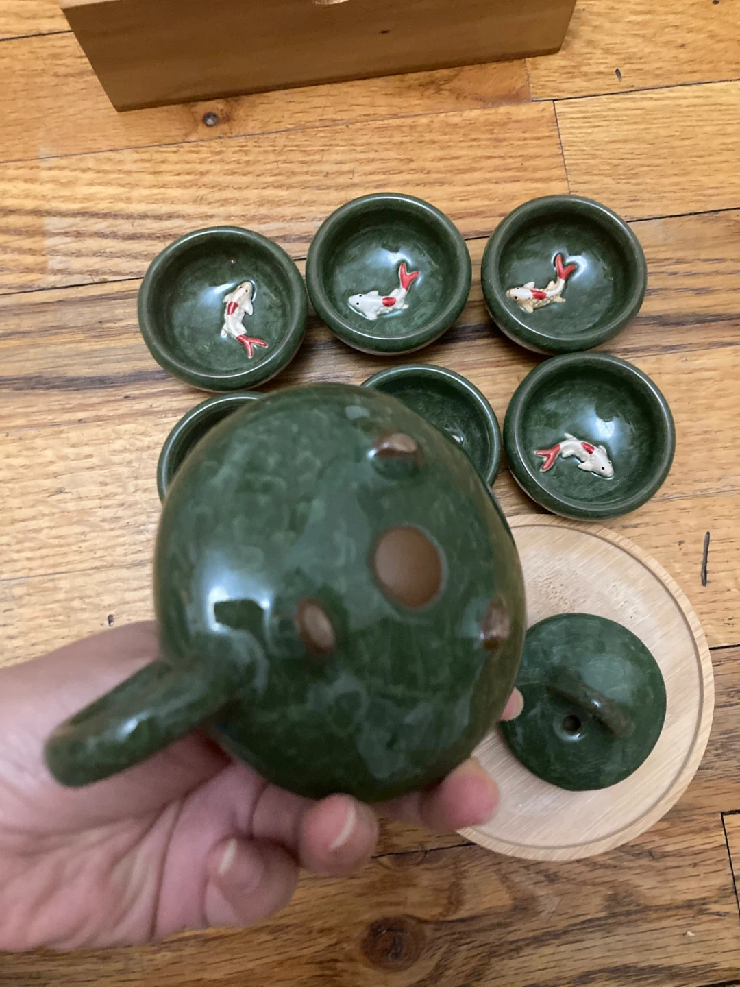 Green Ceramic Teapot and Cups Set with Koi Fish Design - photo 5