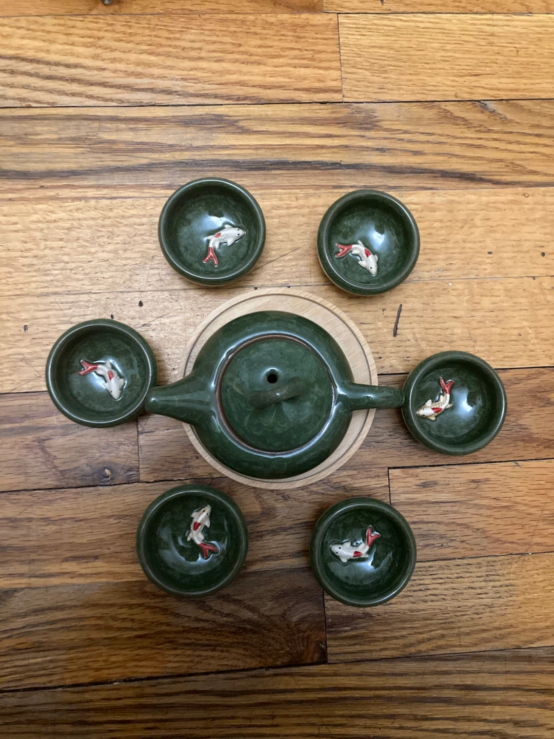 Green Ceramic Teapot and Cups Set with Koi Fish Design