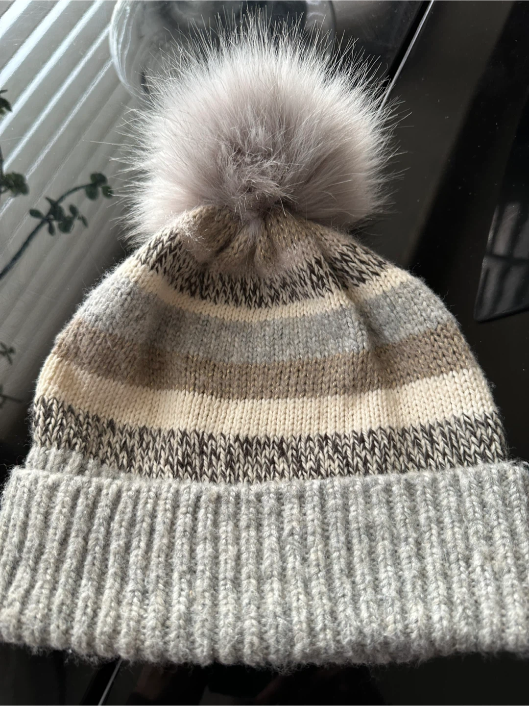 Loft Striped Beanie with Faux Fur Pom Pom 🥕