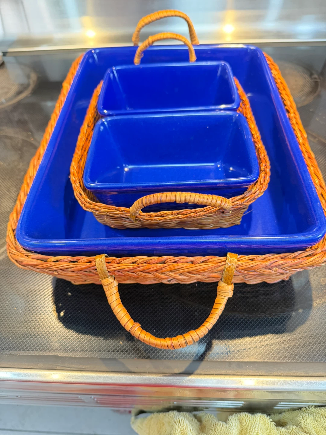 🥕Blue Ceramic Baking Dishes in Wicker Baskets