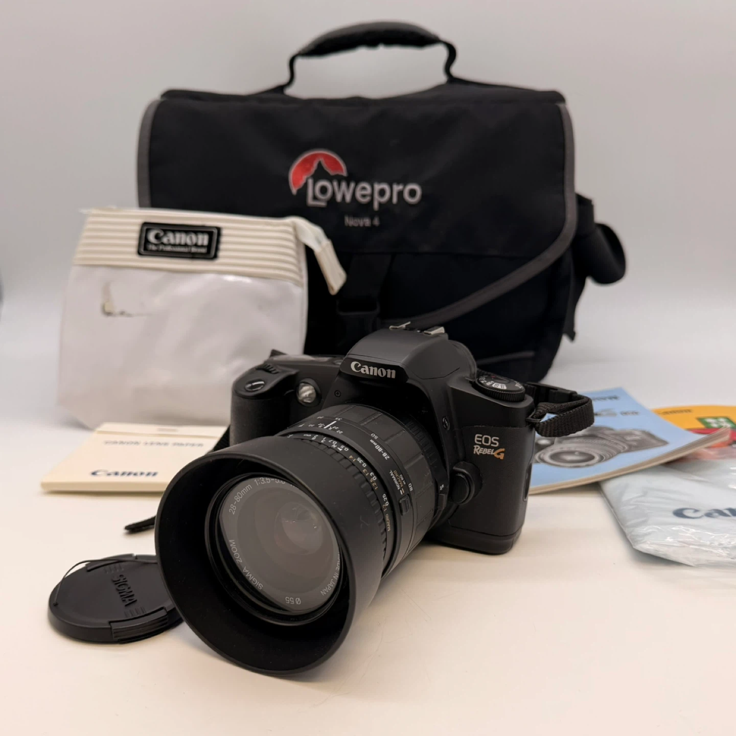 Canon EOS Rebel G 35mm Film Camera + Sigma Lens + Bag