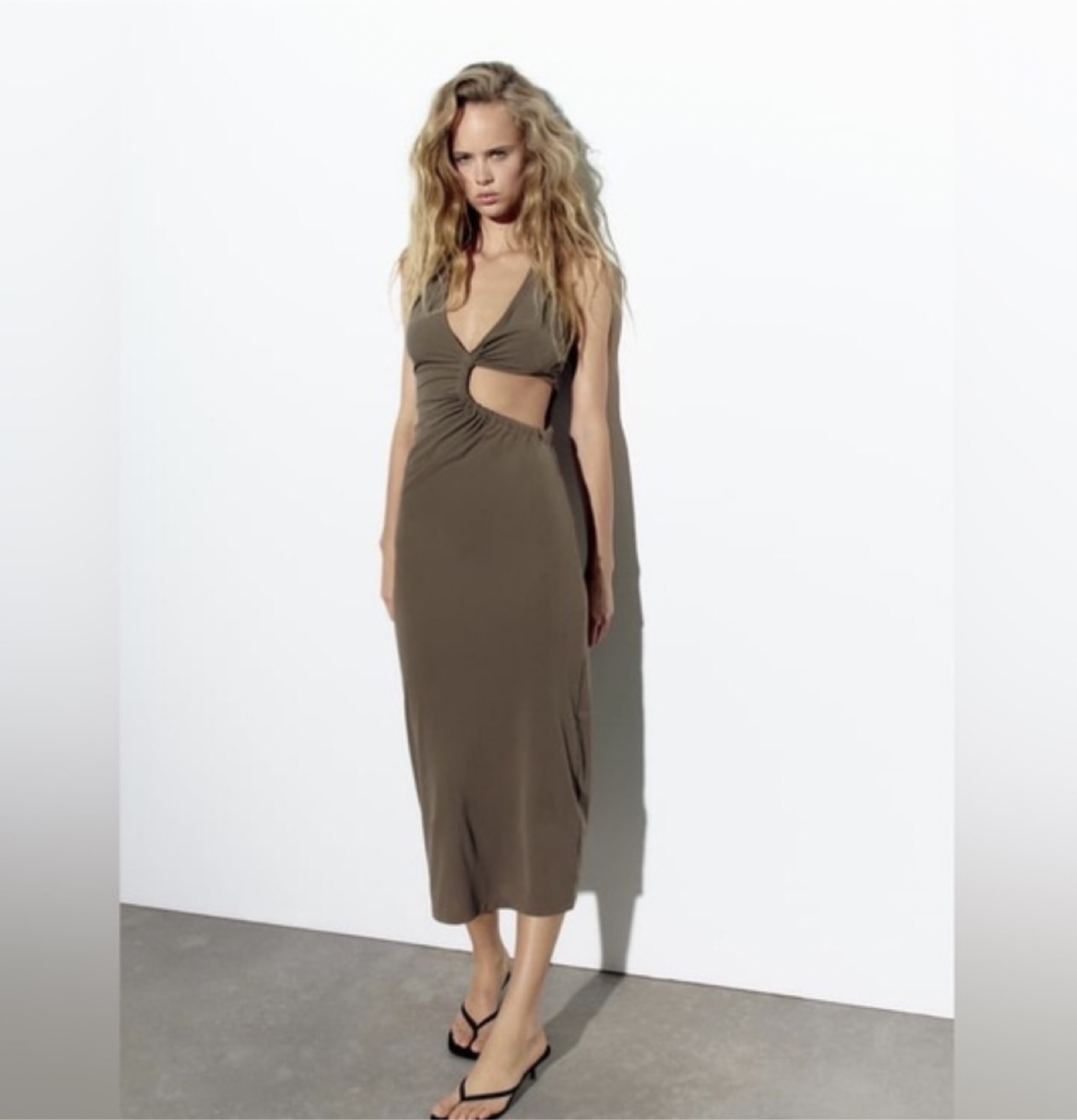ZARA Ruched Cut-Out Midi Dress