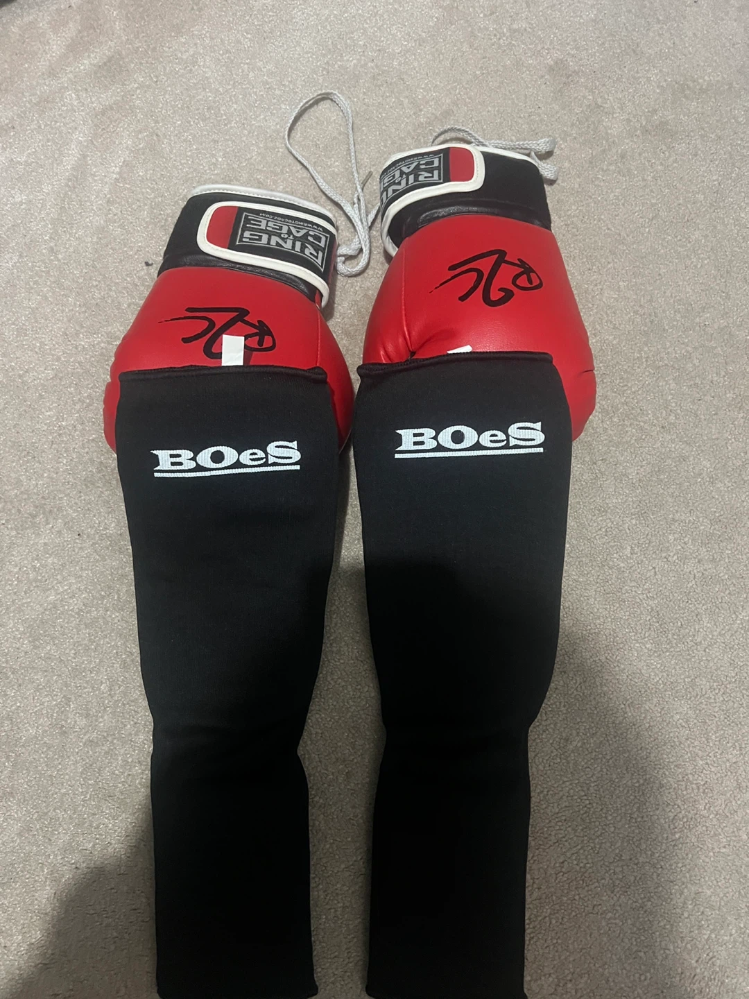 BOEs Black Shin Guards & Ringers Cage Red Boxing Gloves