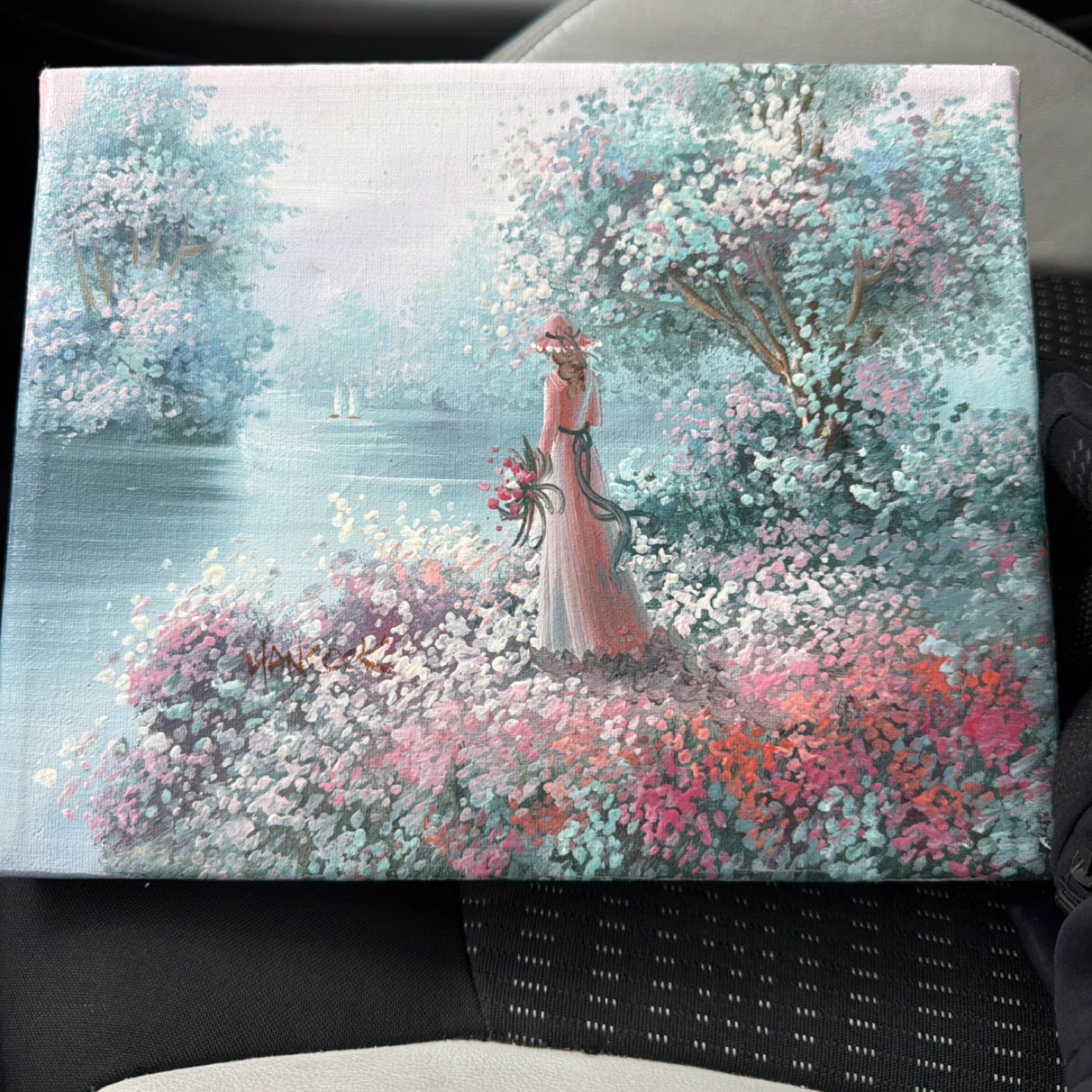 Canvas Wall Art Painting of Lady in Garden signed by Hancook