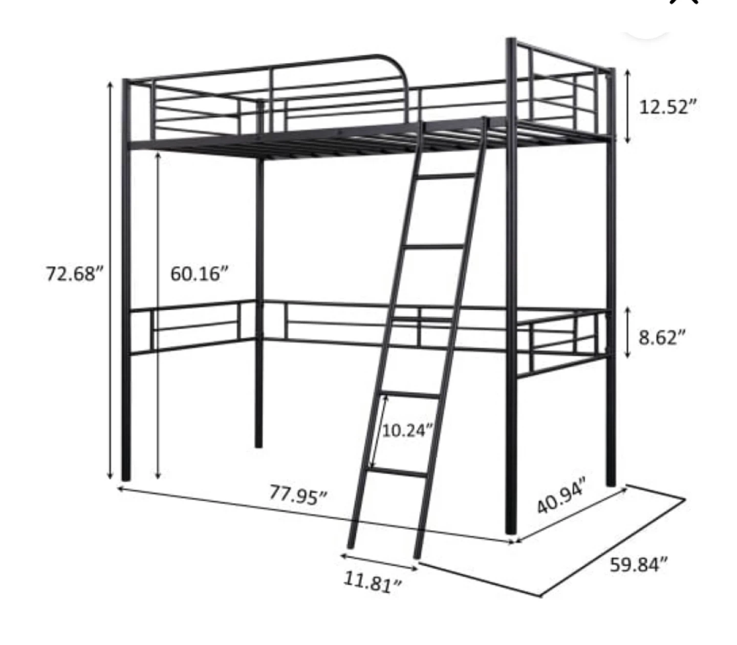 Twin Size Loft Bed Metal Bed Frame with Ladder and Guardrails - photo 2