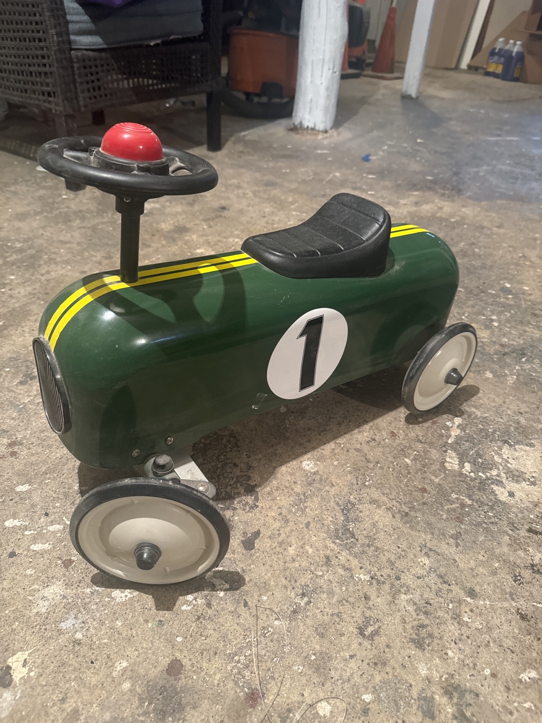 Green Metal Ride-On Toy Car with Yellow Stripes