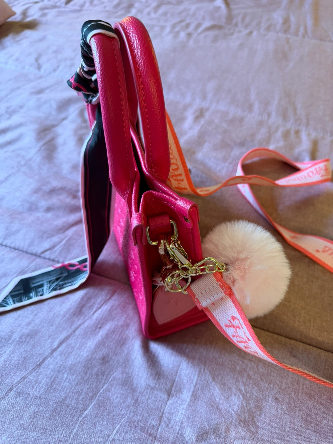 Pink Top Handle Crossbody Bag with Scarf and Pom Pom Charm - photo 4