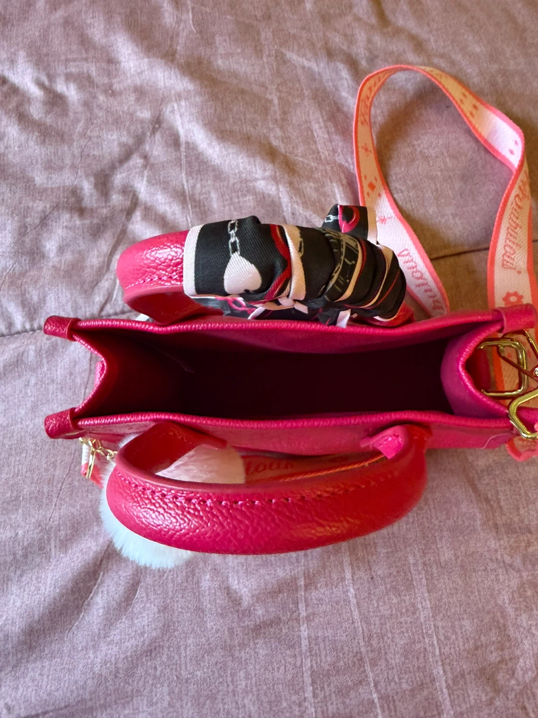 Pink Top Handle Crossbody Bag with Scarf and Pom Pom Charm - photo 3