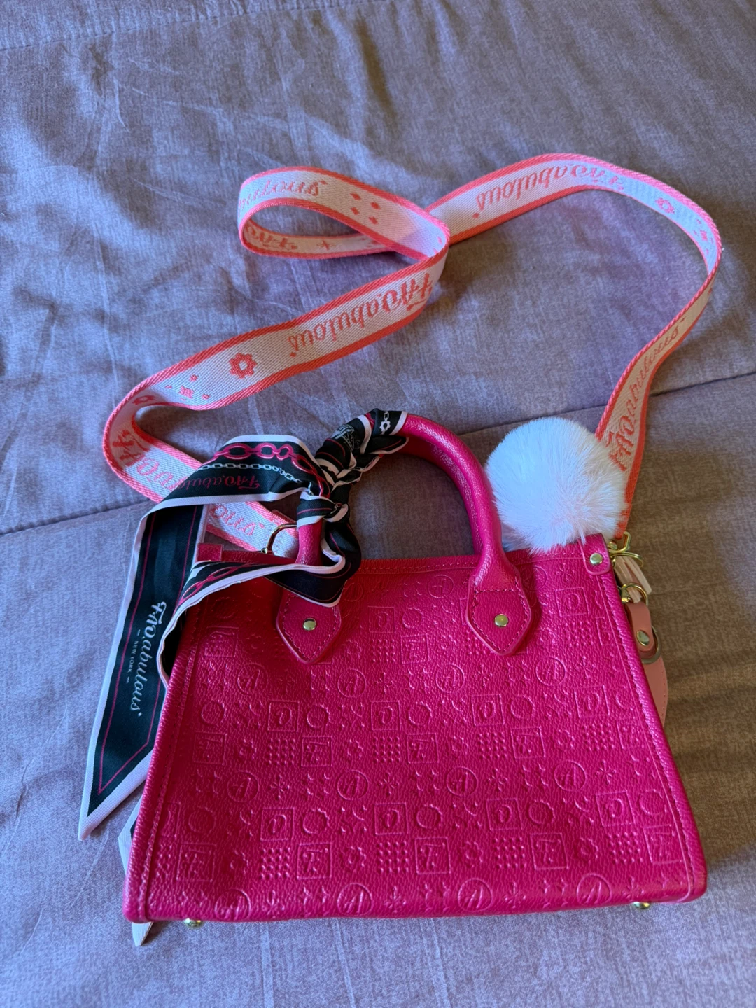 Pink Top Handle Crossbody Bag with Scarf and Pom Pom Charm