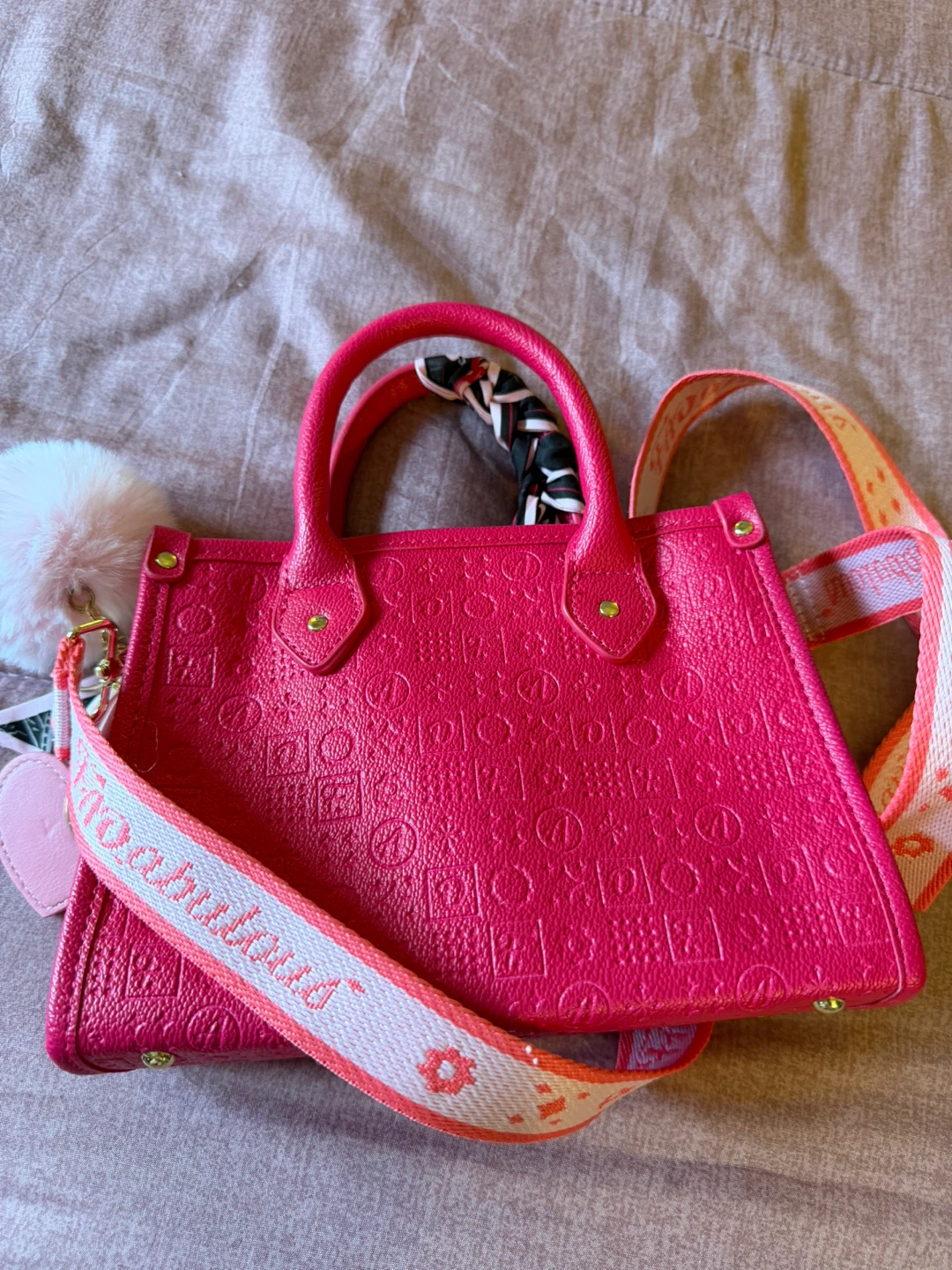Pink Top Handle Crossbody Bag with Scarf and Pom Pom Charm - photo 2