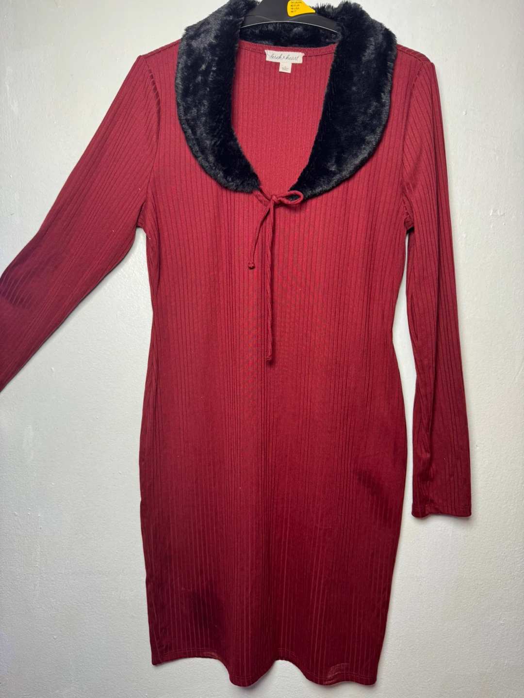 Derek Heart Burgundy Ribbed Faux Fur Collar Dress - Size L