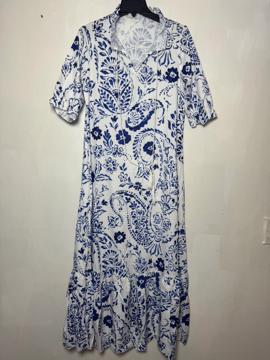 White & Blue Floral Print Maxi Dress - Size M