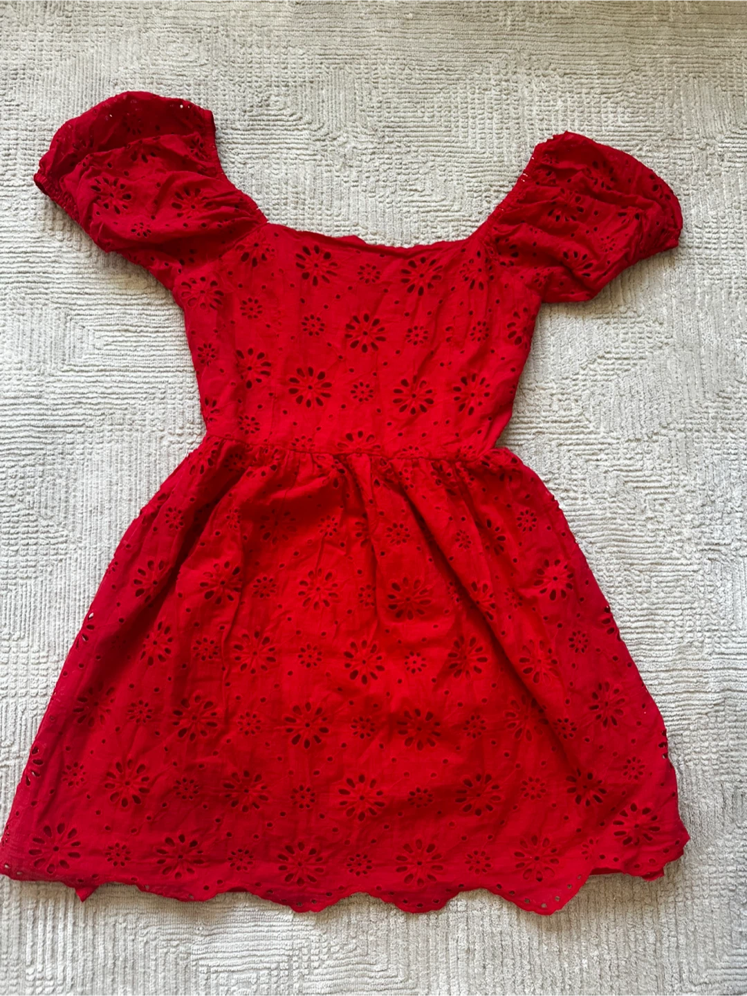 Red Eyelet Puff Sleeve Dress