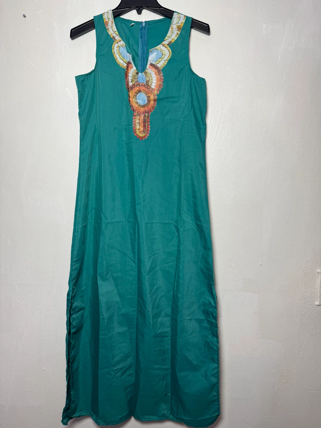 Teal Maxi Dress with Embroidered Neckline - Size L