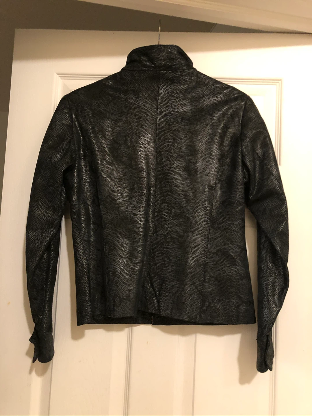 Black Snakeskin Print Genuine Leather Jacket - photo 5