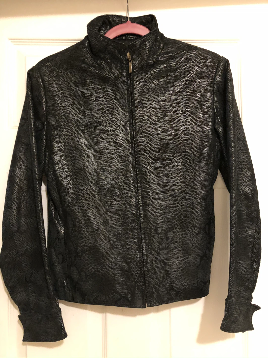 Black Snakeskin Print Genuine Leather Jacket