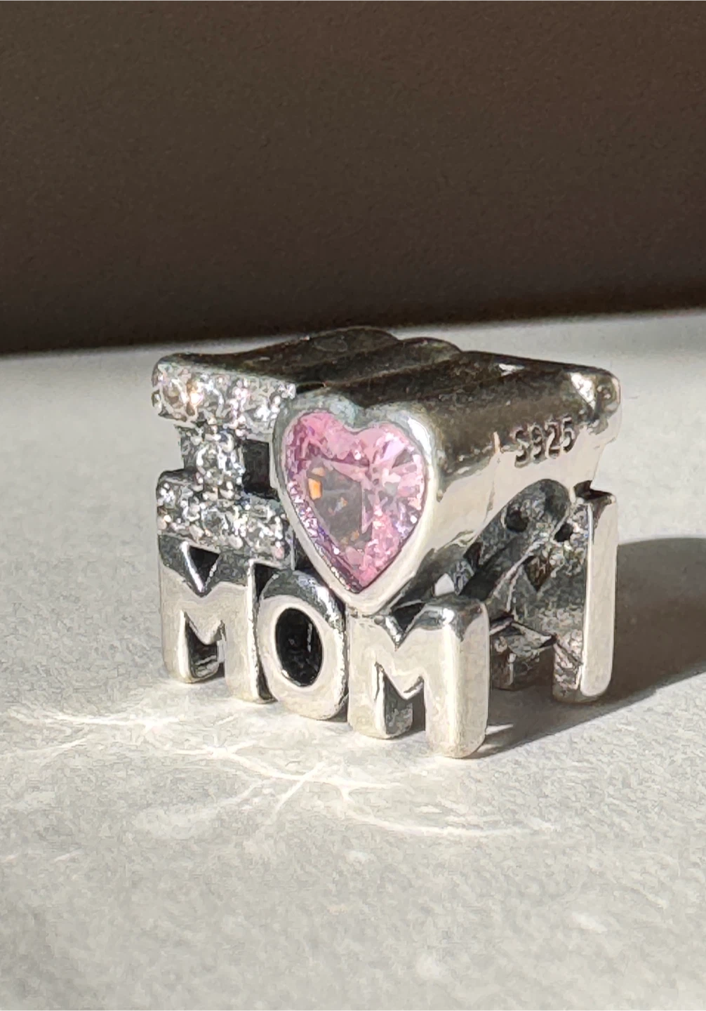 Sterling Silver 'I Love Mom' Charm with Pink Heart