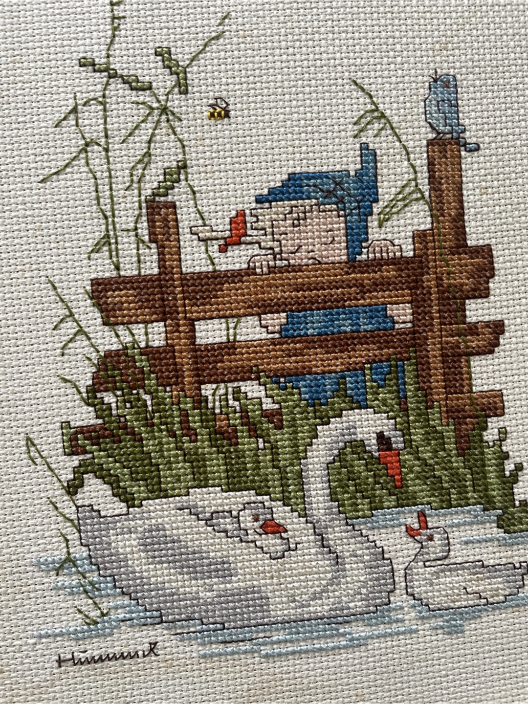 Framed Cross Stitch Art - Swans and Gnome - photo 2