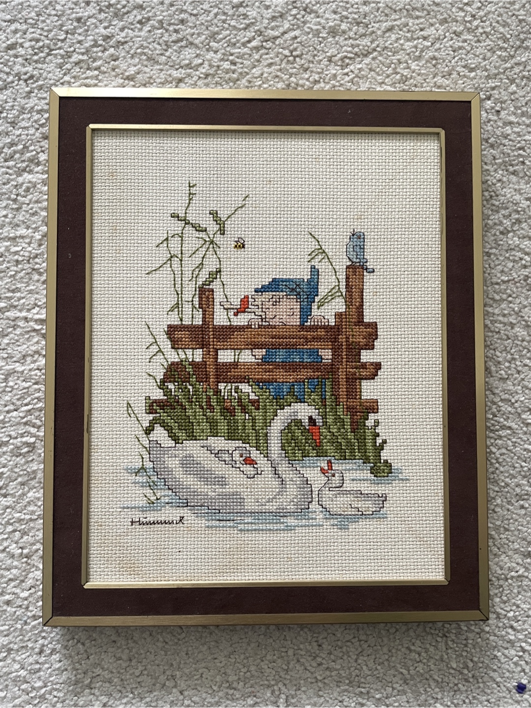 Framed Cross Stitch Art - Swans and Gnome