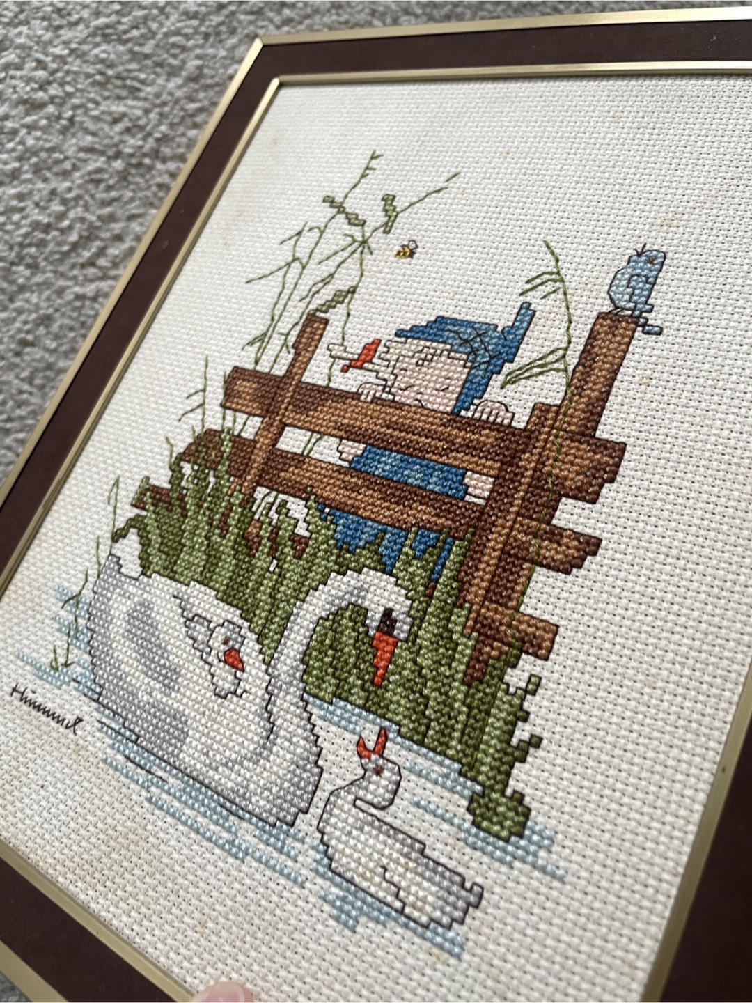 Framed Cross Stitch Art - Swans and Gnome - photo 5