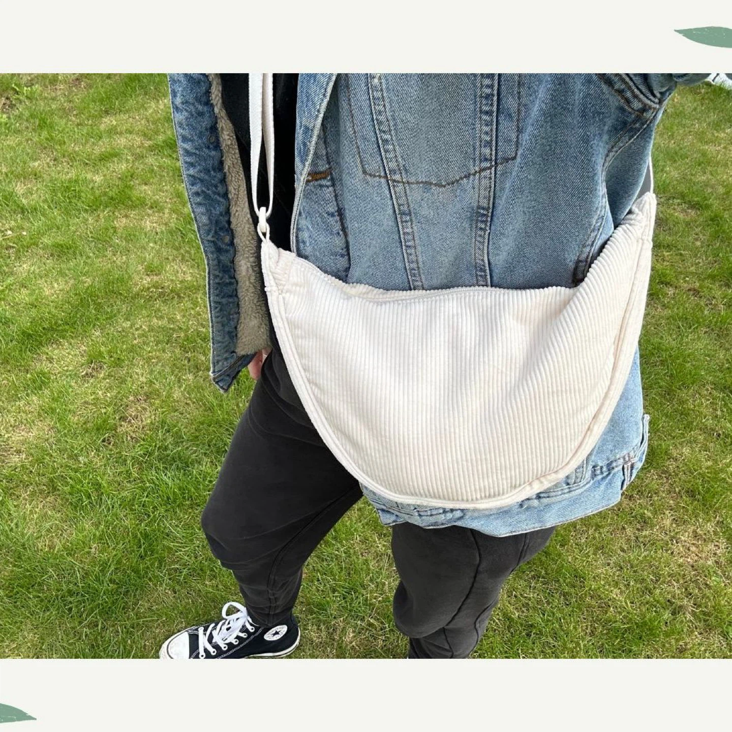 Uniqlo Cream Corduroy Crescent Shoulder Bag with Flower Patch - photo 3