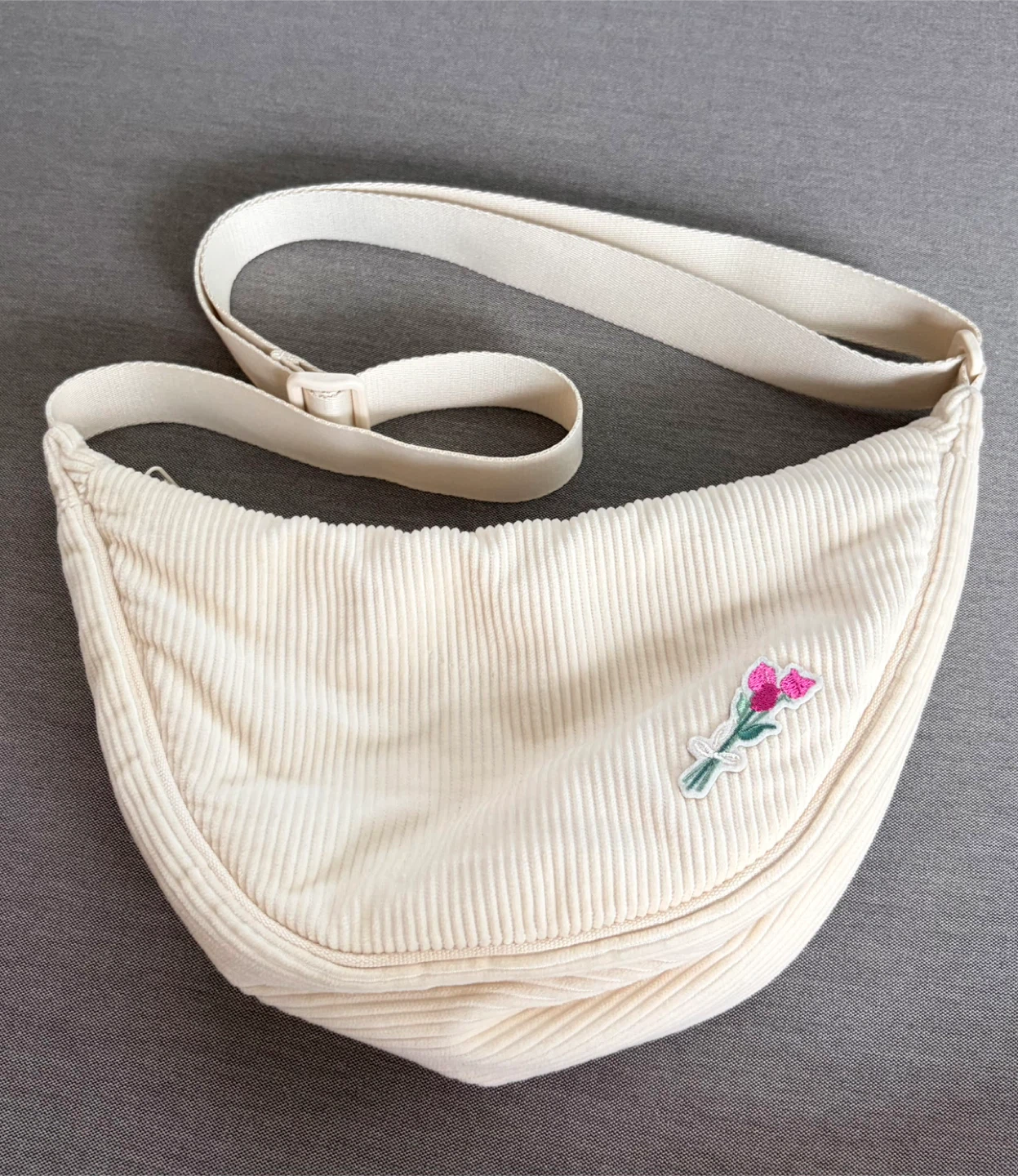 Uniqlo Cream Corduroy Crescent Shoulder Bag with Flower Patch