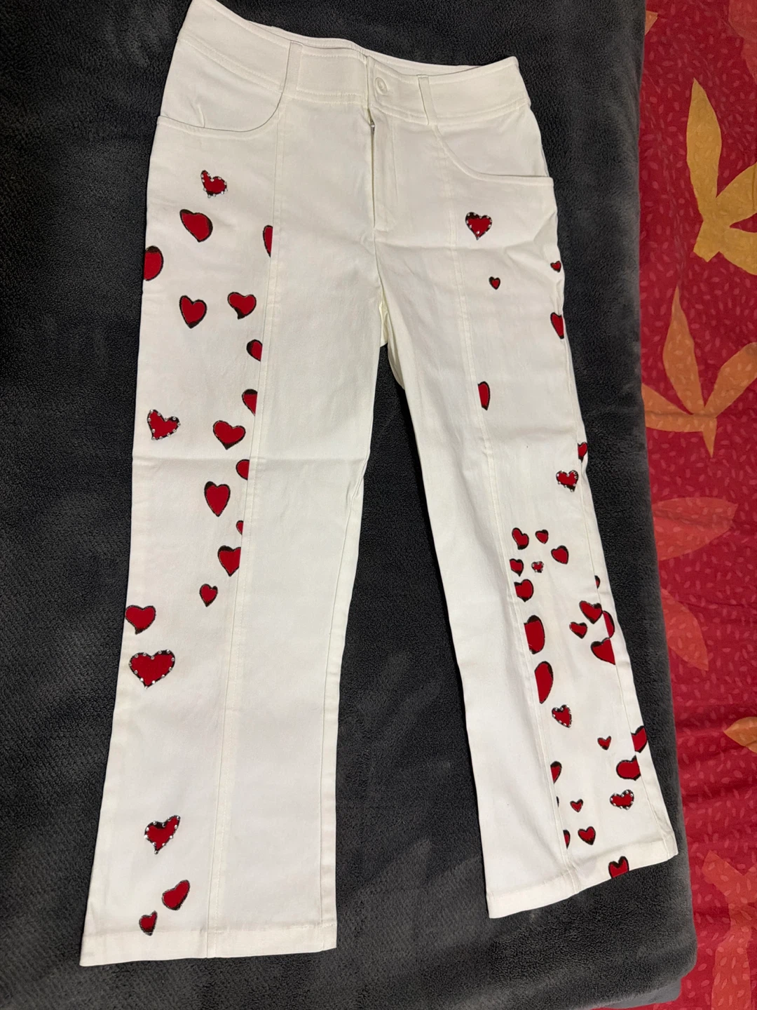 White Heart Print Flare Jeans