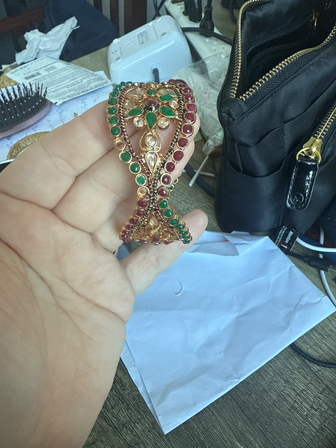 Ornate Kundan Bangle with Green and Red Stones